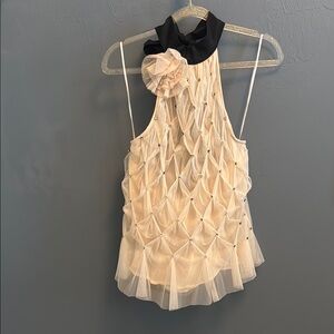 Maeve Cream Embellished Blouse with Ruffled Mandarin Collar